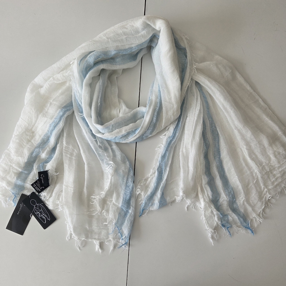 NWT Cejon Sheer Gauze White With Blue Stripes Metallic‎ Scarf 42×72